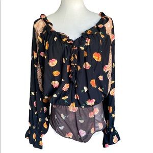 Free People bodysuit bohemian top blue floral pattern size large long sleeve